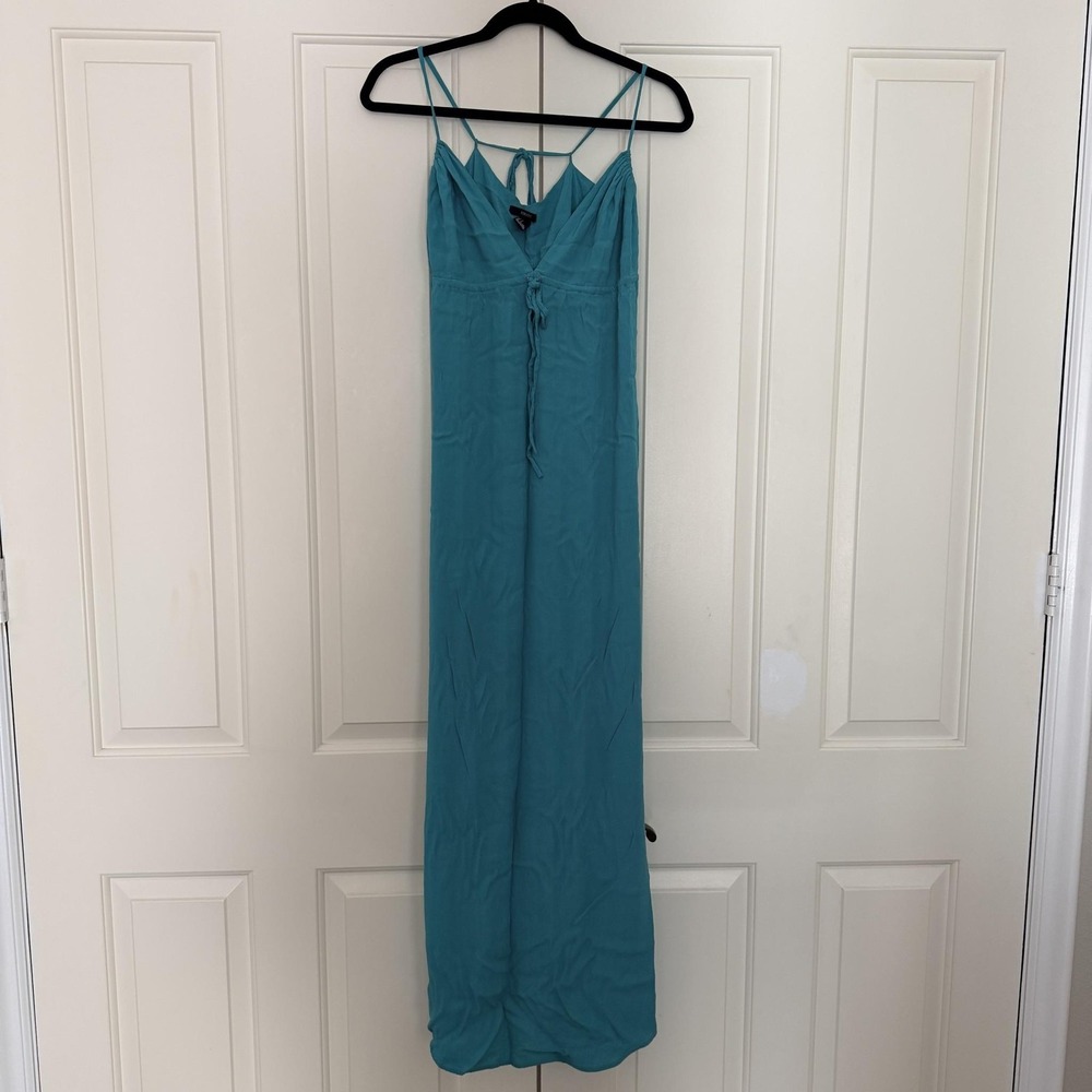 Forever 21 Dress Women Large Aqua Blue V Neck Spaghetti Strap Maxi Sundress Boho